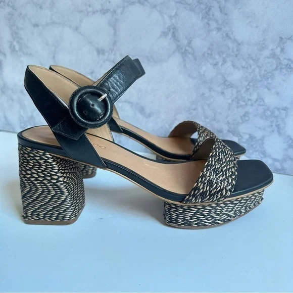 Bernardo Raffia Adjustable Platform Sandals Reagan Raffia black tan strapy heels - Picture 9 of 13